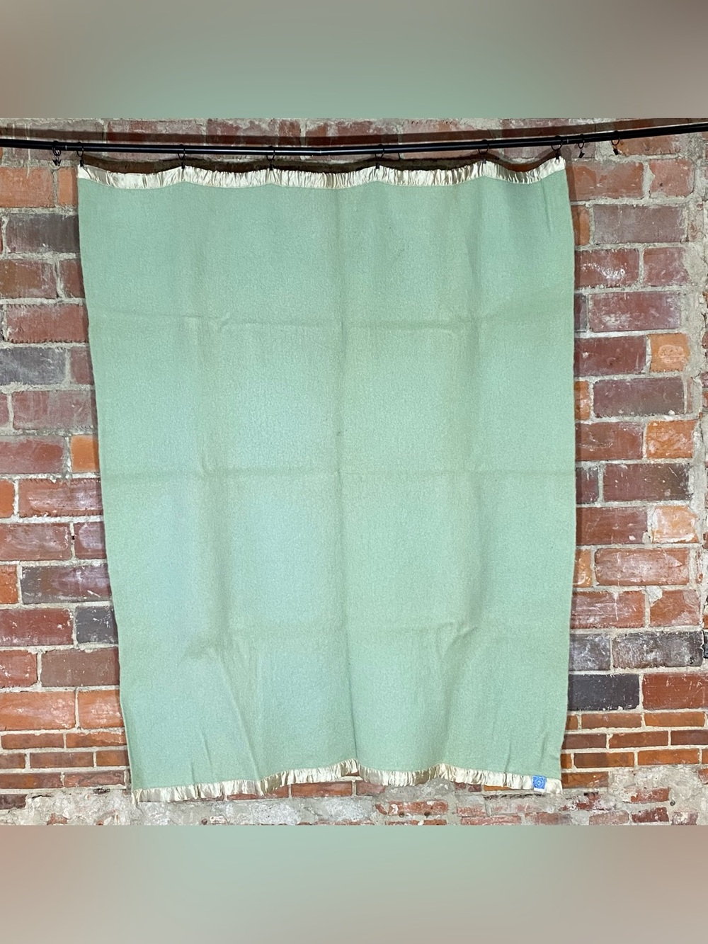 Vintage Mint Green Montgomery Ward 100% Wool Blanket 59” x 75” Thick Satin Trim